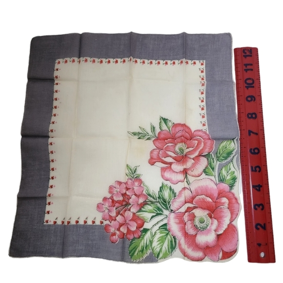 Blue Border Red Pink Floral handkerchief Hanky Partial Scalloped Border - Picture 2 of 5